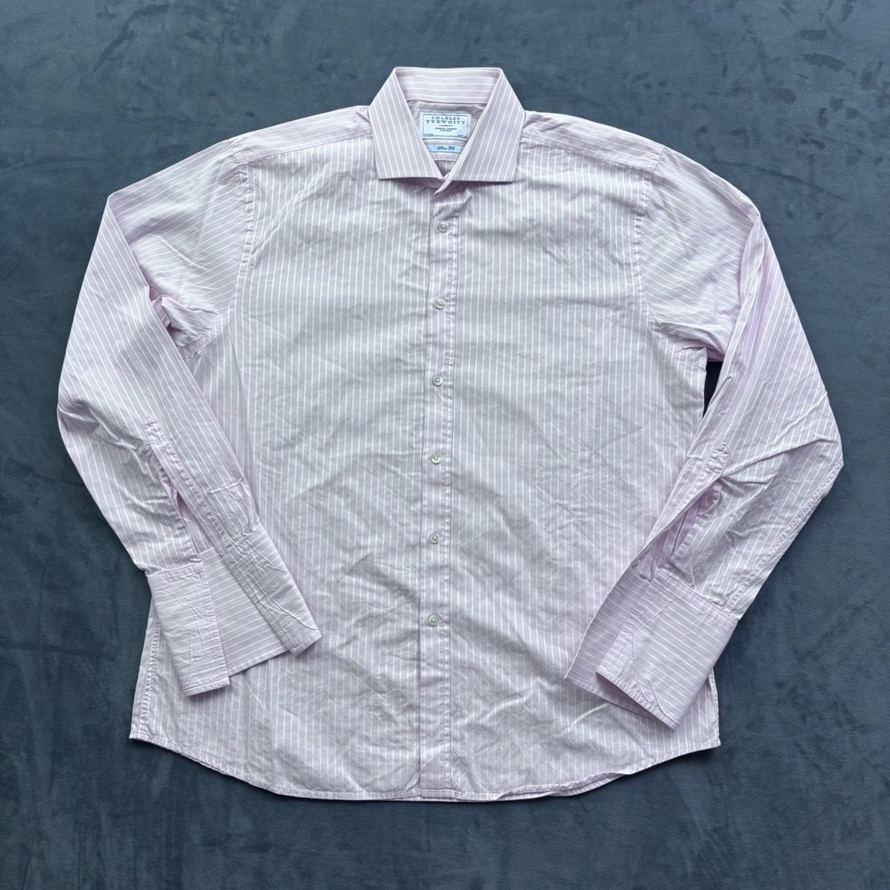 Charles Tyrwhitt Slim Fit Dress Shirt 17.5/36 Pink White Stripe French Cuff